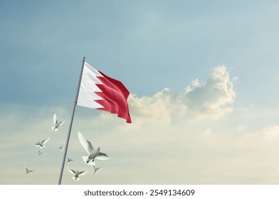 Bahrain flag waving with flying doves in beautiful sky. Bahrain flag for Republic Day and Independence Day. - Powered by Shutterstock