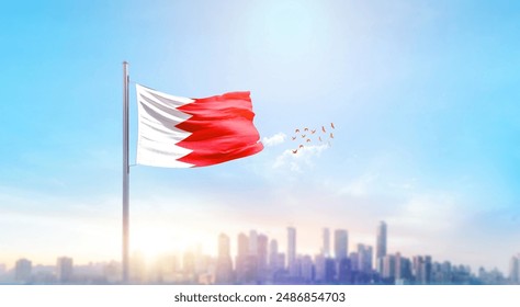 Bahrain national flag waving with skyline and buildings. A beautiful view of flag with skyline. - Powered by Shutterstock