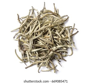 Baihao Yinzhen. White Tea Silver needles on white background. Top view. Close up. High resolution