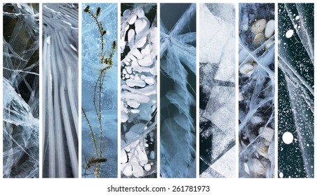 Baikal. Fragments of the surfaces of frozen lake. Collage of different kinds of ice. Texture water. Natural backgrounds - Powered by Shutterstock