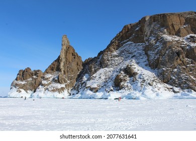 Baikal lake in winter, ice formations, icicles, snow landscape
