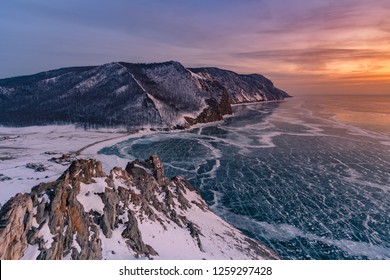 Baikal Water Lake Winter Season Aerial View With Sunrise Sky, Russia Natural Landscape