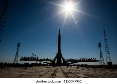 Baikonur Cosmodrome, June, 4th, 2018. Soyuz M09 Rocket Verticalization process, getting ready for launch from launchpad