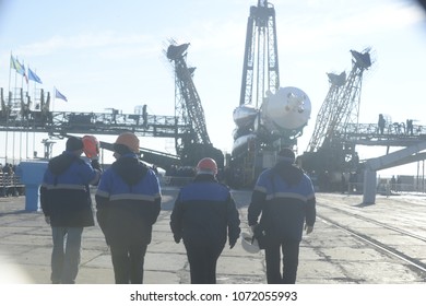 Baikonur, Kazakhstan, 03.25.2015. Installation Of The Soyuz-FG Rocket With The Soyuz TMA-16M Spacecraft At The Launch Site Of The Baikonur Cosmodrome.