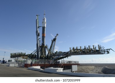 Baikonur, Kazakhstan, 03.25.2015. Installation Of The Soyuz-FG Rocket With The Soyuz TMA-16M Spacecraft At The Launch Site Of The Baikonur Cosmodrome.