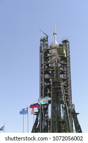 Baikonur, Kazakhstan, 03.25.2015. Installation Of The Soyuz-FG Rocket With The Soyuz TMA-16M Spacecraft At The Launch Site Of The Baikonur Cosmodrome.