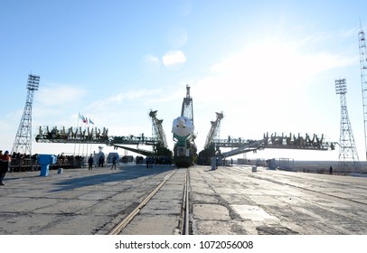 Baikonur, Kazakhstan, 03.25.2015. Installation Of The Soyuz-FG Rocket With The Soyuz TMA-16M Spacecraft At The Launch Site Of The Baikonur Cosmodrome.