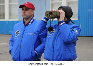 BAIKONUR, KAZAKHSTAN – NOVEMBER 12, 2014: European Space Agency  Flight Engineer Samantha Cristoforetti And Roscosmos Cosmonaut Anton Shkaplerov During Training Before Launch On Soyuz Spacecraf