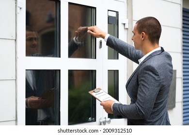 Bailiff Debt Collector Man Knocking Front Door