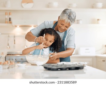 Bake, girl and grandmother teaching skills, love or learning with growth, happiness or child development with utensils, food and home. Family, grandma and female grandchild in a kitchen with dough - Powered by Shutterstock