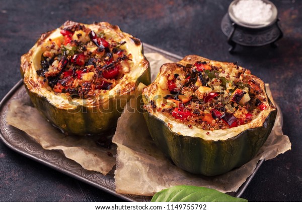 Baked\
acorn squash stuffed  with quinoa and\
vegetables