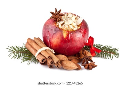 Baked Apple With Fir Branch Isolated On White