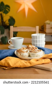 Baked Apples In Puff Pastry. Breakfast With A Cup Of Tea On The Table.