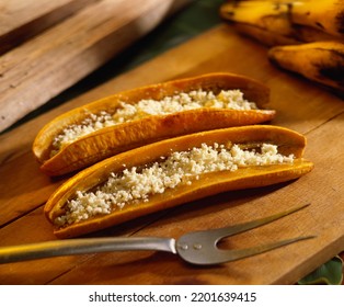 Baked Banana With Cheese, Traditional South American Food ( Platano Horneado Con Queso )