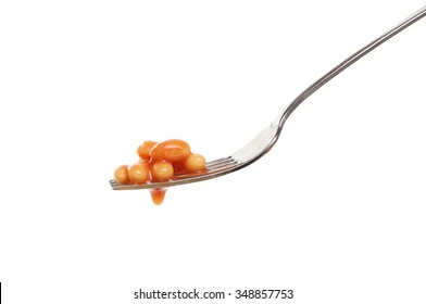 Baked Beans On A Fork Isolated Against White