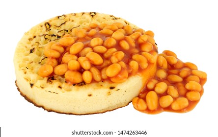 Baked Beans On A Large English Crumpet Isolated On A White Background