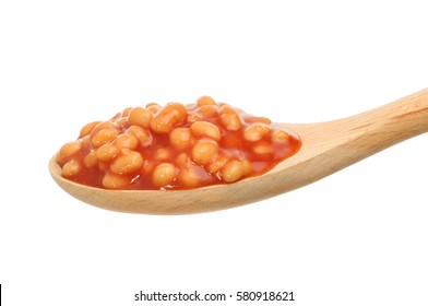 Baked Beans On A Wooden Spoon Isolated Against White