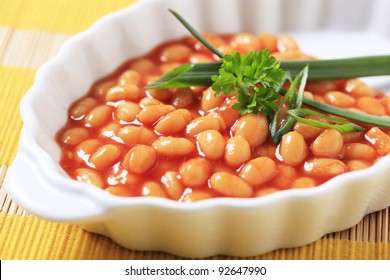 Baked Beans In A Porcelain Casserole Dish
