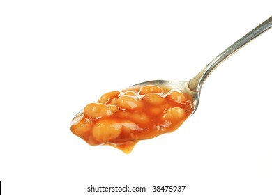 Baked Beans In A Spoon Isolated Against White