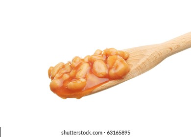 Baked Beans In A Wooden Spoon Isolated Against White