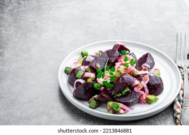 Baked  Beetroot And Leek Salad On Gray Background 