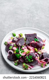 Baked  Beetroot And Leek Salad On Gray Background 