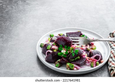 Baked  Beetroot And Leek Salad On Gray Background 