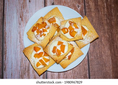 Baked Cake With Cottage Cheese And Peach. Top View. Sweet Bakery Products