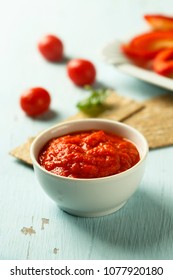 Baked Capsicum And Tomato Dip With Vegetable And Crisps