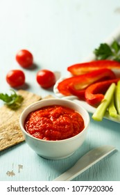 Baked Capsicum And Tomato Dip With Vegetable And Crisps