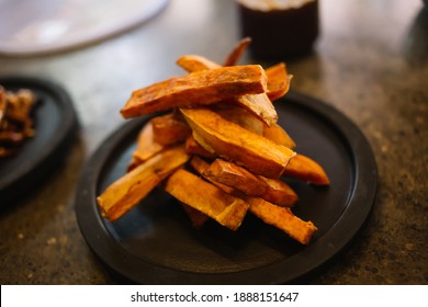 Baked Carrot Sticks With Sauce And Hummus. Vegetarian Healthy Food. Flat Lay, Top View. Vegetarian Lifestyle. Healthy Food. Top View.