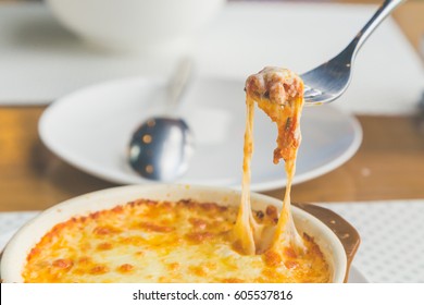 The baked cheese lasagna dish for lunch