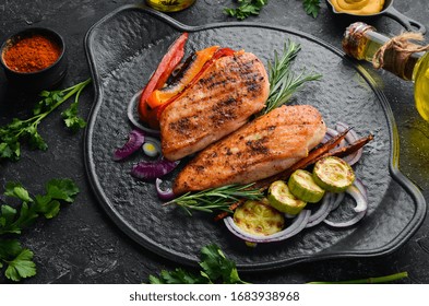 Baked Chicken Breast With Spices And Rosemary. Top View. BBQ.