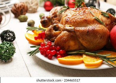 Baked Chicken For Festive Dinner. Christmas Table Setting