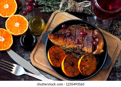 Baked Chicken Fillet With Tangerines And Thyme. Elegant Dinner.