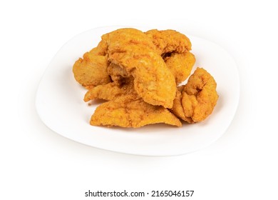Baked Chicken Tenders Or Chicken Strips On A White Plate Isolated On White