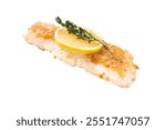 Baked Cod fish fiilet, fried whitefish meat isolated on white background.