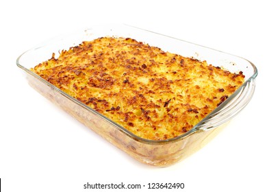 Baked Crusty Macaroni With Cheese Isolated On White Background