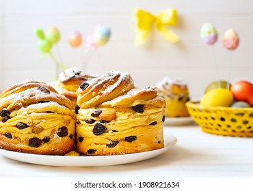 Baked Easter Cakes With Colored Eggs. Easter Card With Easter Baked Goods And Decor