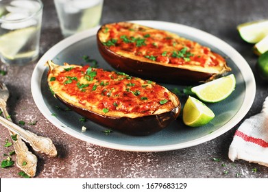 Baked egg plant, egg plant boats with cheese, food, vegan food, healthy diet