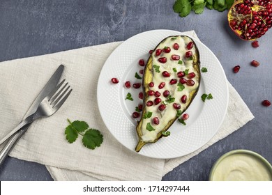 Baked Eggplant With Cashew Sauce And Pomegranate, Top View