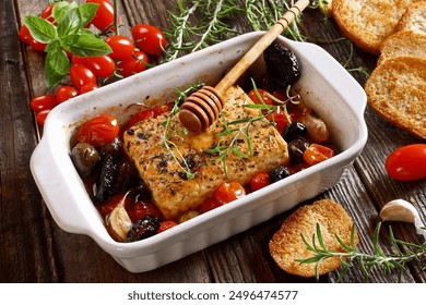 Baked feta cheese with cherry tomatoes, olives, garlic, honey and herbs 
 - Powered by Shutterstock