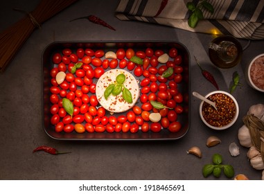 Baked Feta Pasta Ingredients On Black Background 