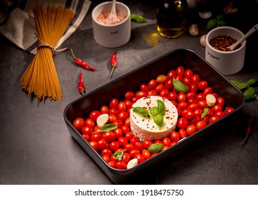 Baked Feta Pasta Raw On Black Background 