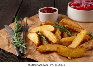 Baked, Fried Potatoes With Rosemary And Spices, Close-up, Horizontal, No People,