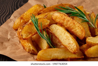 Baked, Fried Potatoes With Rosemary And Spices, Close-up, Horizontal, No People,