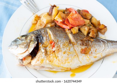 Baked Golden (Sparidae) With Potatoes And Tomato