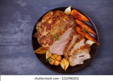 Baked Ham With Vegetables: Carrots, Onions, Garlic And Herbs. View From Above, Top Studio Shot