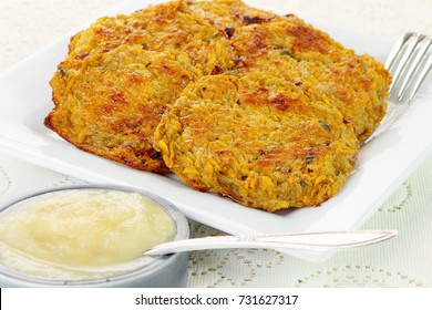 Baked Instead Of Fried Sweet Potato Latkes Served With Applesauce For Hanukkah