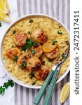 Baked lemon butter chicken meatballs with creamy orzo . top veiw .selective focus